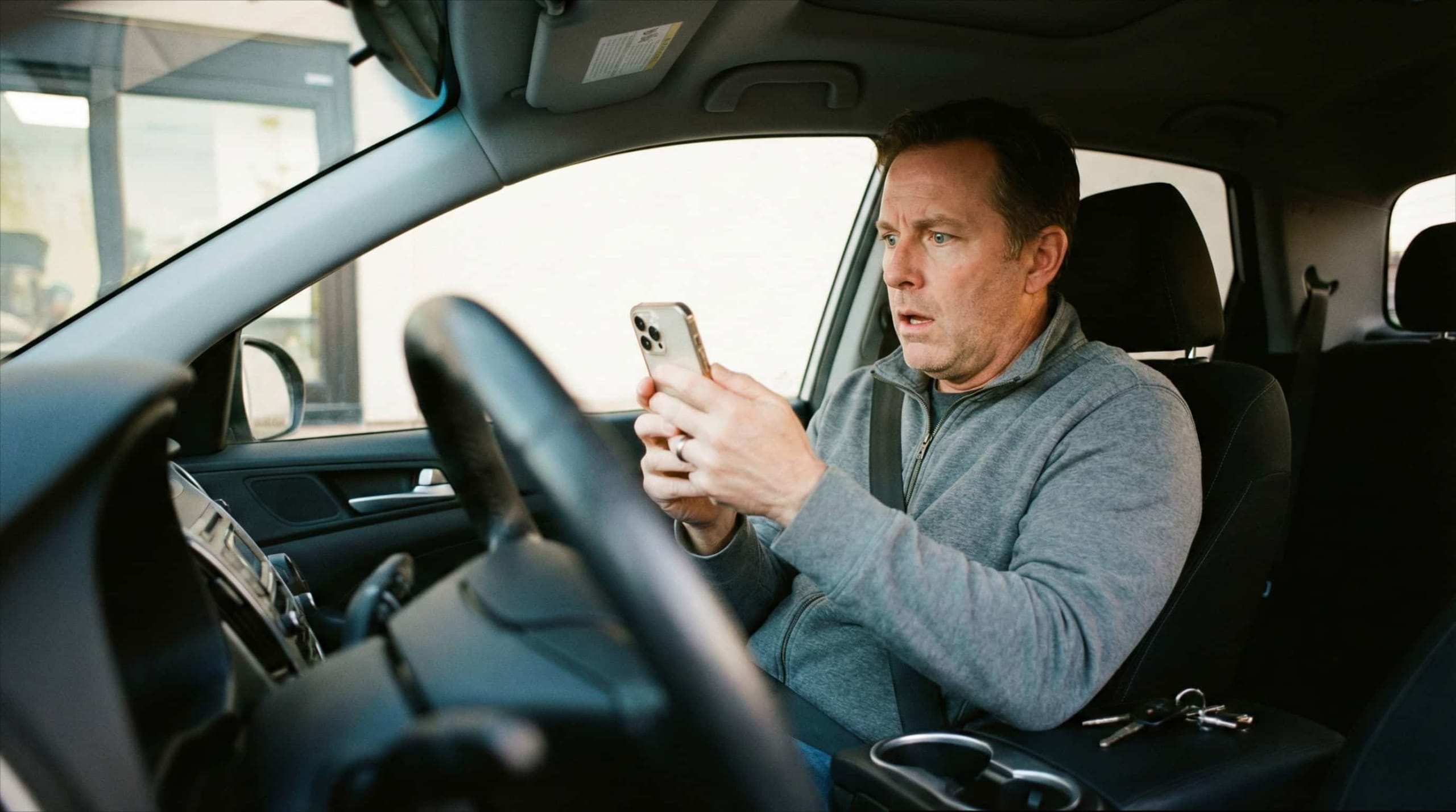 Lotto Max winner moment — person frozen in car checking phone with shocked expression